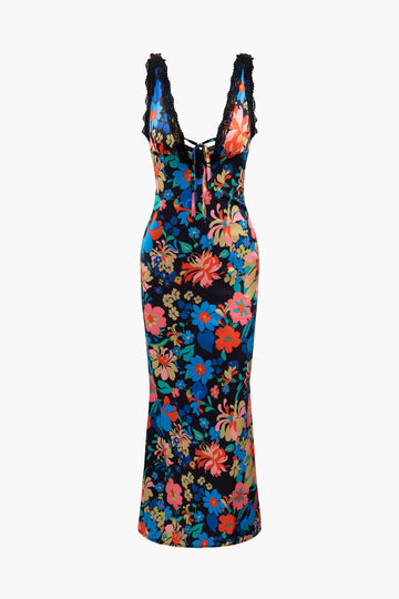 Floral Print Lace Trim V-neck Maxi Dress