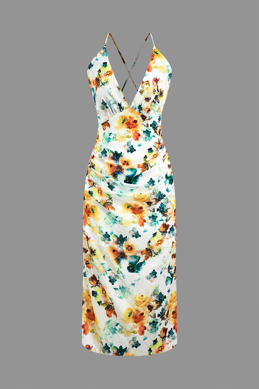 Floral Print Backless Criss Cross V-neck Midi Dress