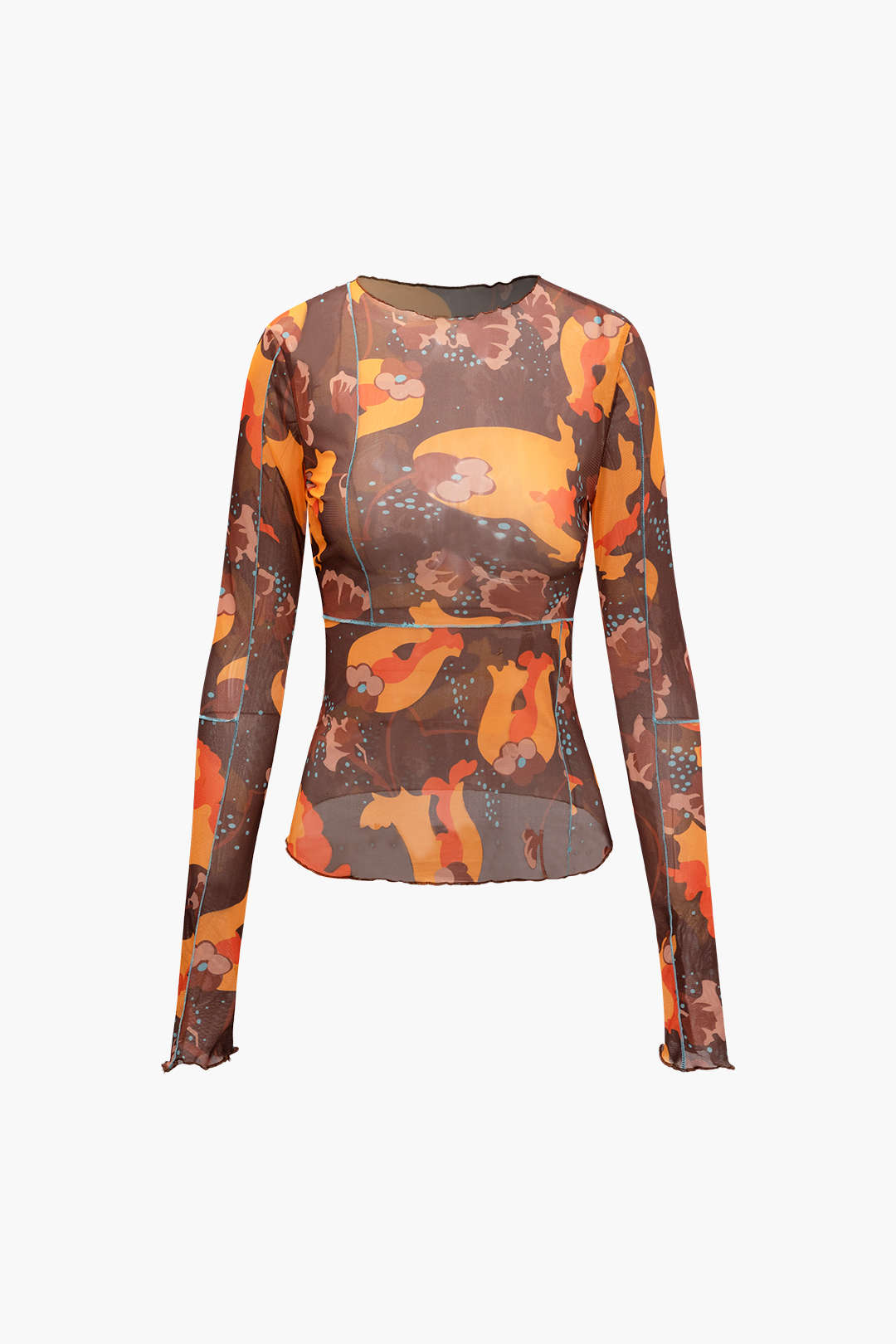 Printed Round Neck Mesh Long Sleeve Top