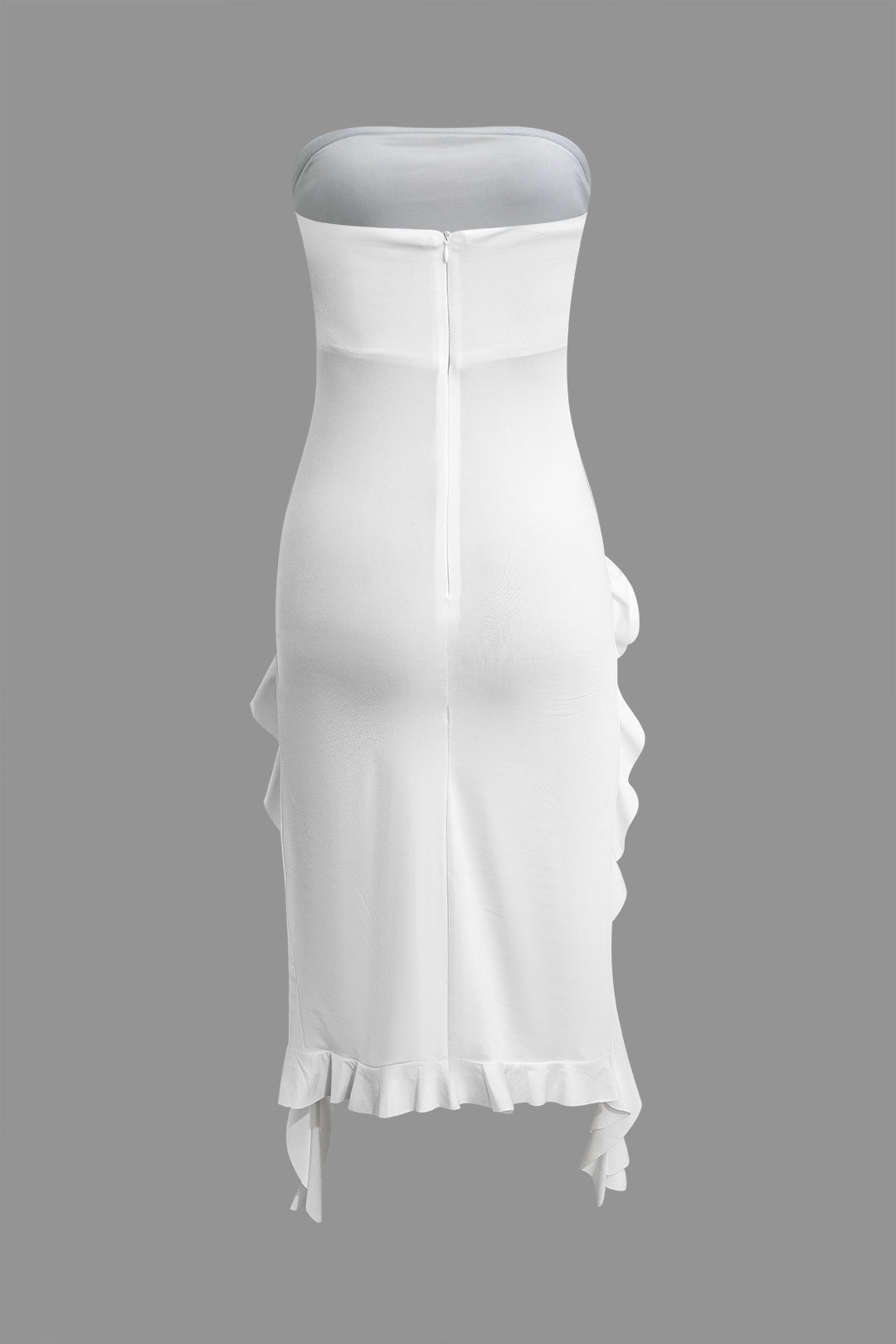 3D Flower Ruffle Slit Strapless Midi Dress