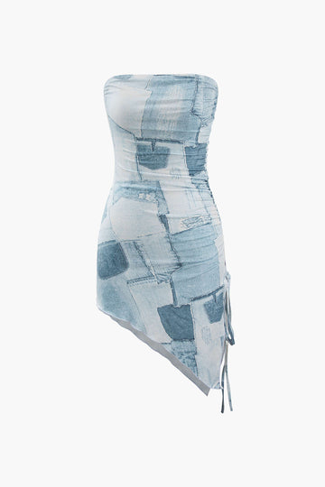 Denim Print Asymmetric Strapless Mini Dress