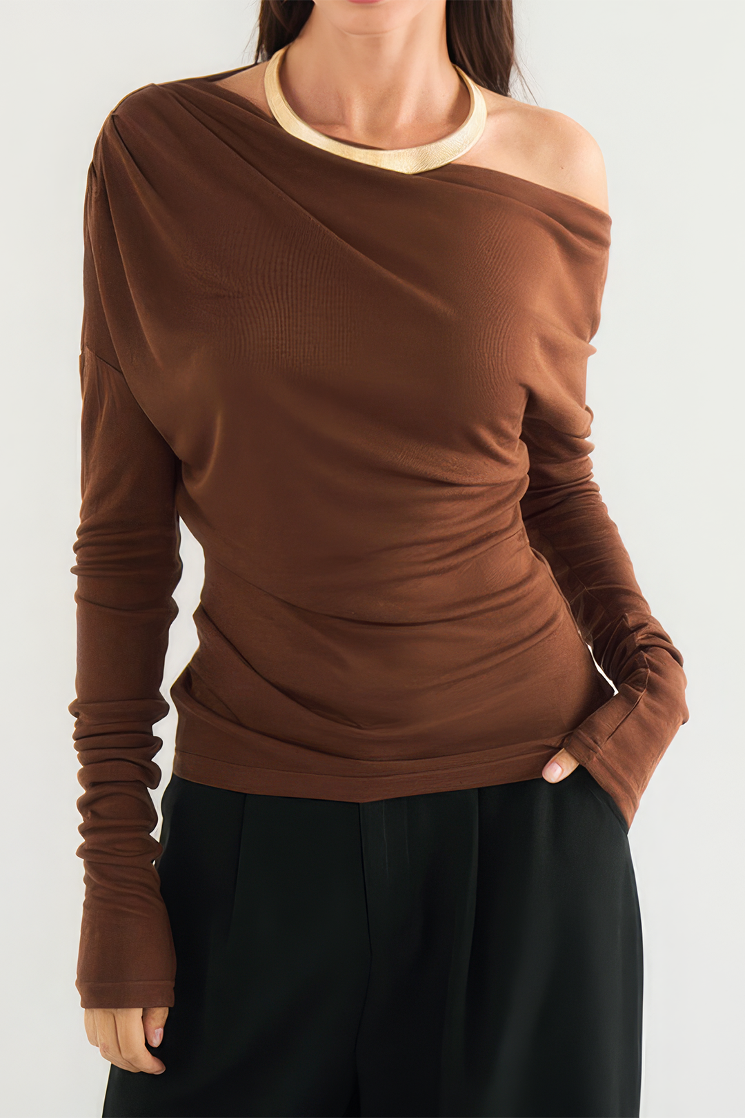 Asymmetry Shoulder Ruched Long-Sleeve Top