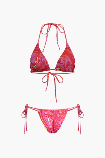 Abstract Print Mesh Four-Piece Swimsuit Set