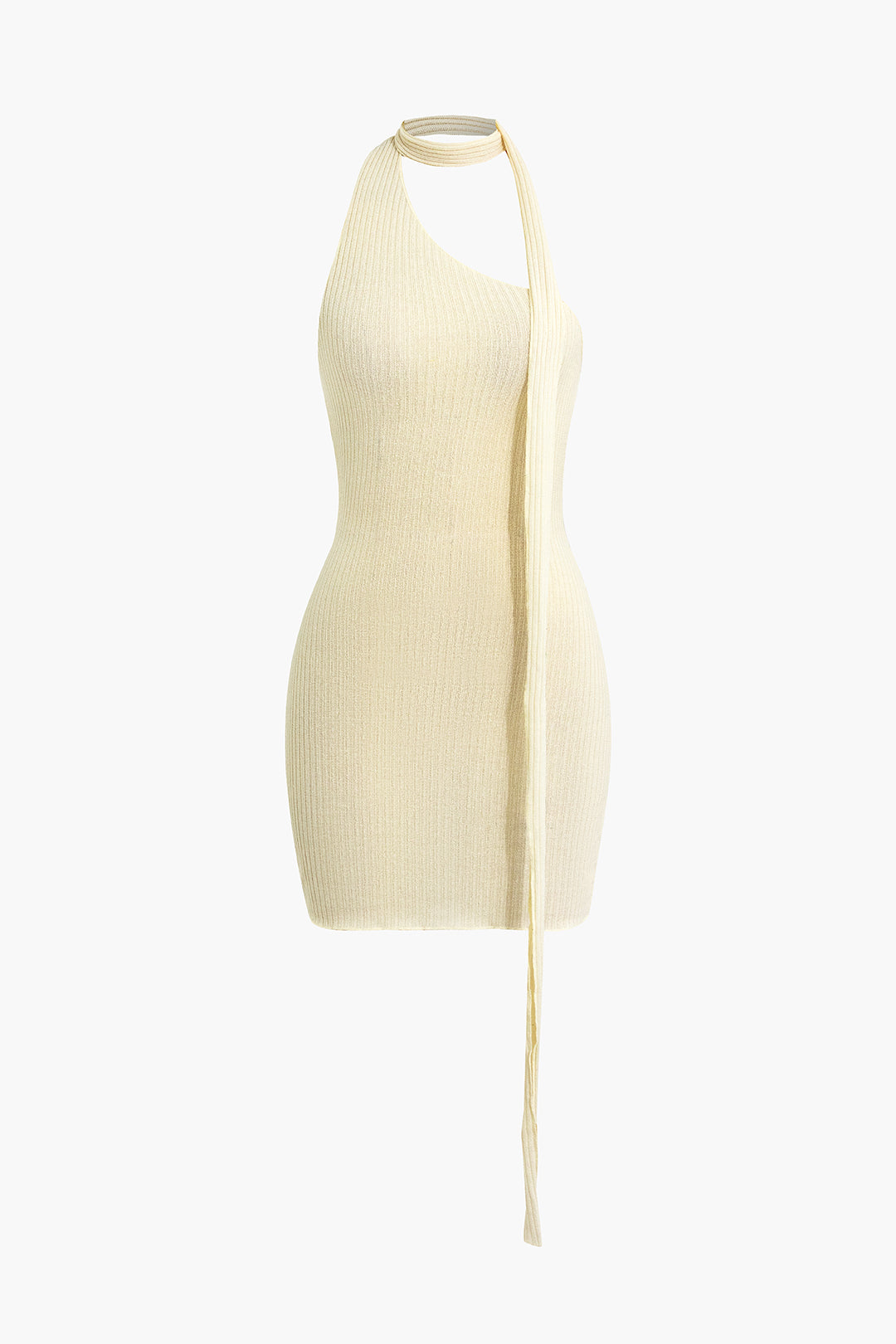 Ribbed One Shoulder Halter With Scarf Knit Mini Dress