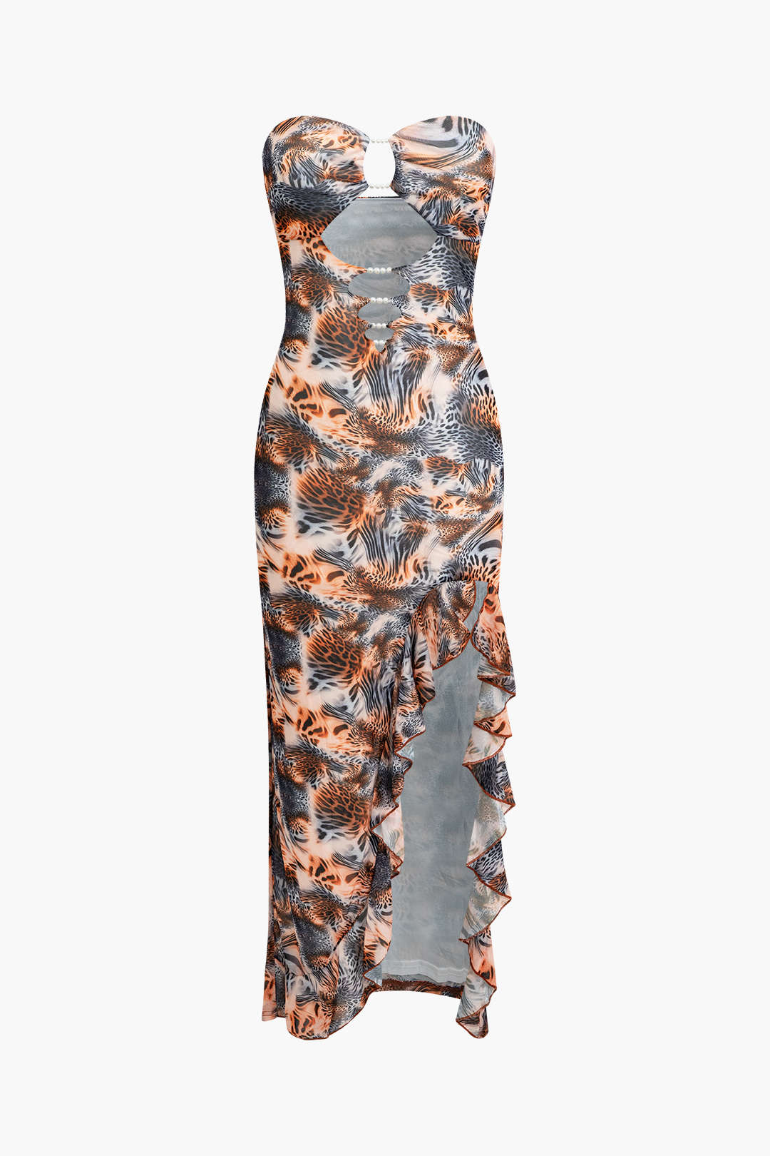 Abstract Print Ruffle Slit Strapless Midi Dress