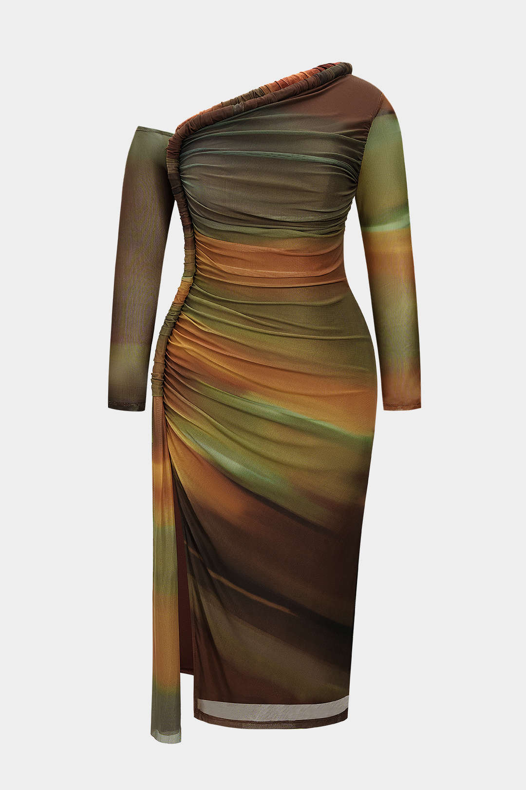 Plus Size Colorblock Print Mesh Ruched Asymmetrical Long Sleeve Midi Dress