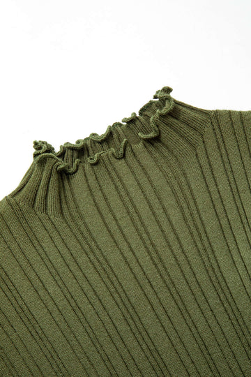 Solid Mock Neck Rib Knit Lettuce Trim Maxi Dress