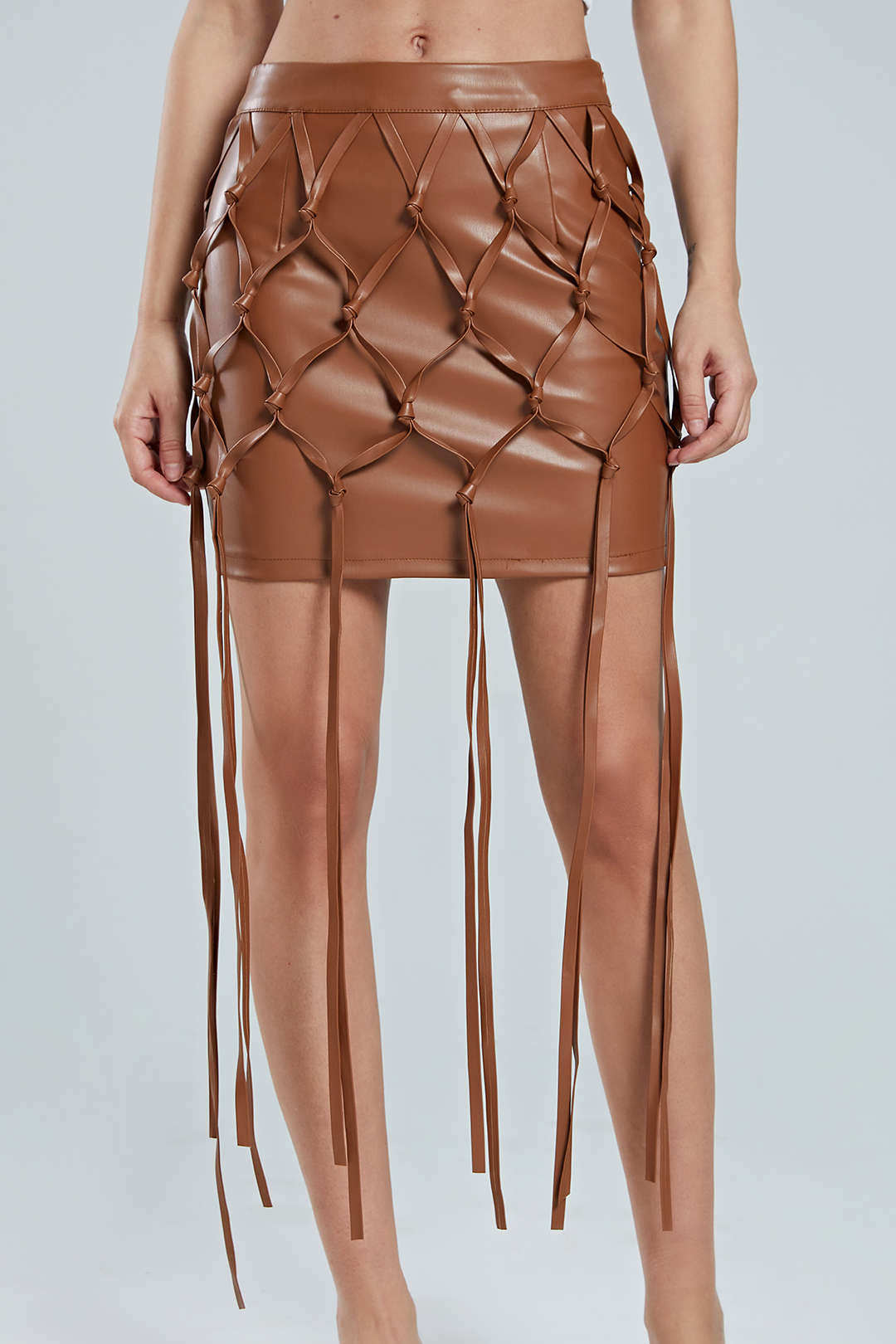Faux Leather Braiding Fringe Mini Skirt