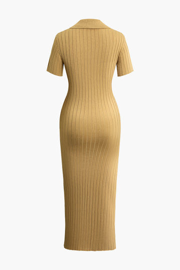 Ribbed Button Collared Knit Midi Dress