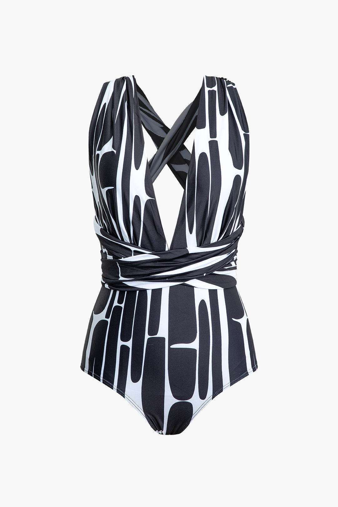 Printed Cross Backless Tie One-piece Swimsuit