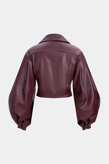 Faux Leather Puff Sleeve Zipper Jacket