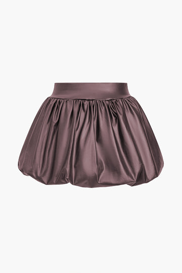 Solid Faux Leather Ruched Puff Skirt