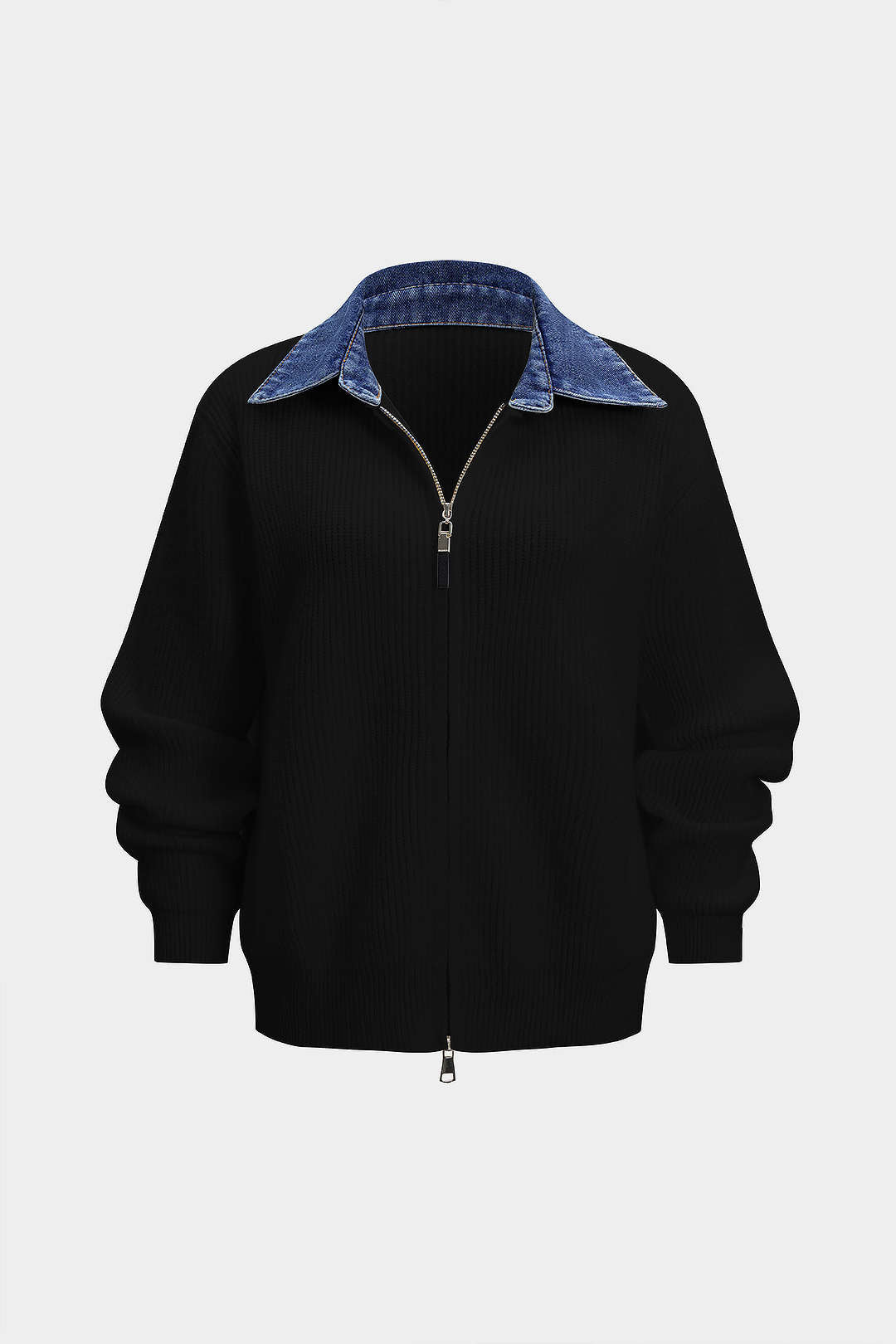 Knit Denim Patchwork Zipper Cardigan