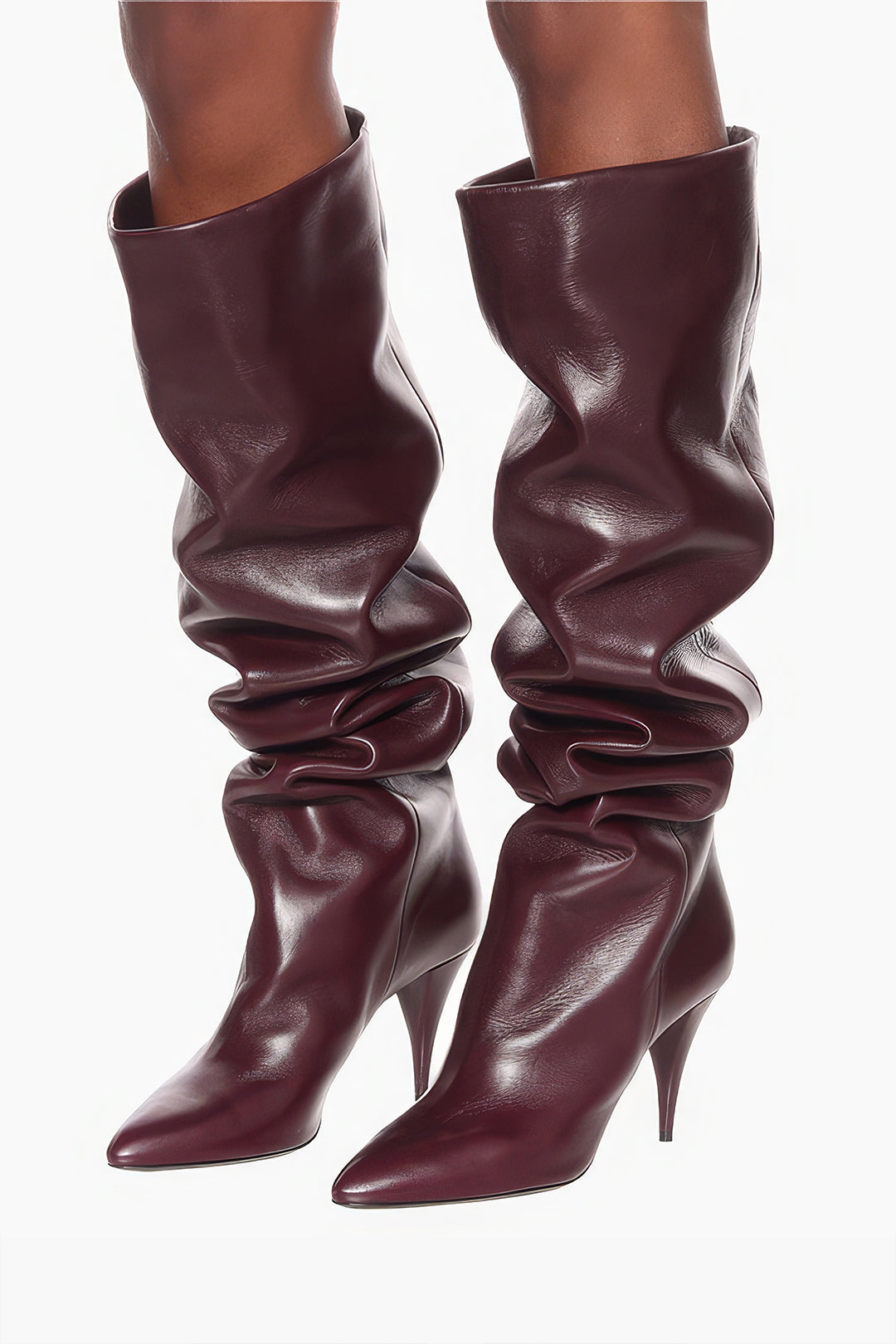 Ruched Faux Ġilda Pointed Toe Irkoppa Għoli Boots