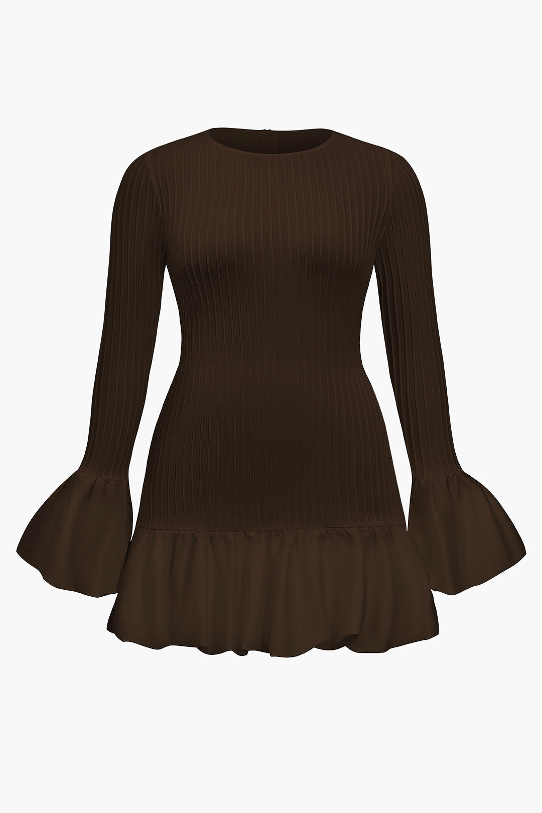 Plus Size Bell Sleeve Ruffle Hem Ribbed Klänning