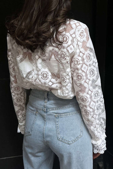 Floral Lace Embroidery Mock Neck Lantern Sleeve Blouse