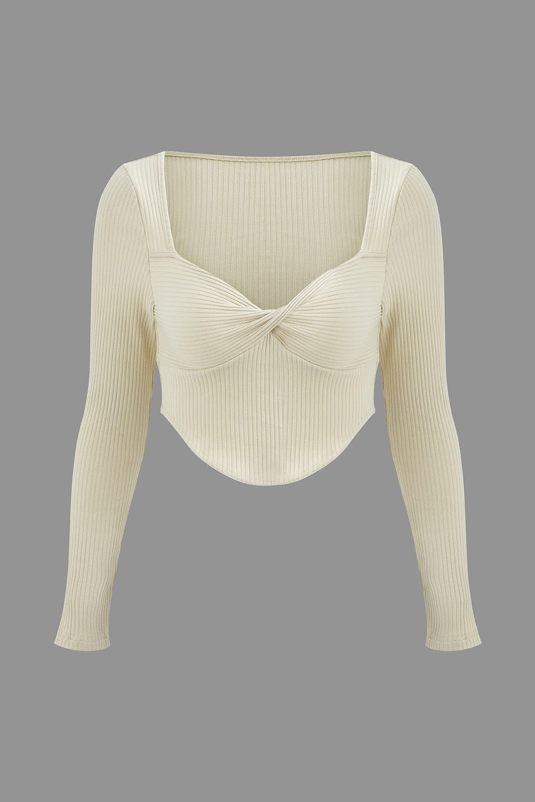 Square Neck Twist Front Crop Rib Knit Long Sleeve Top