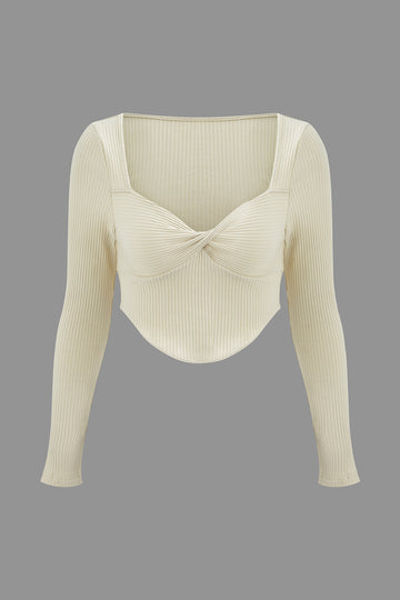 Square Neck Twist Front Crop Rib Knit Long Sleeve Top