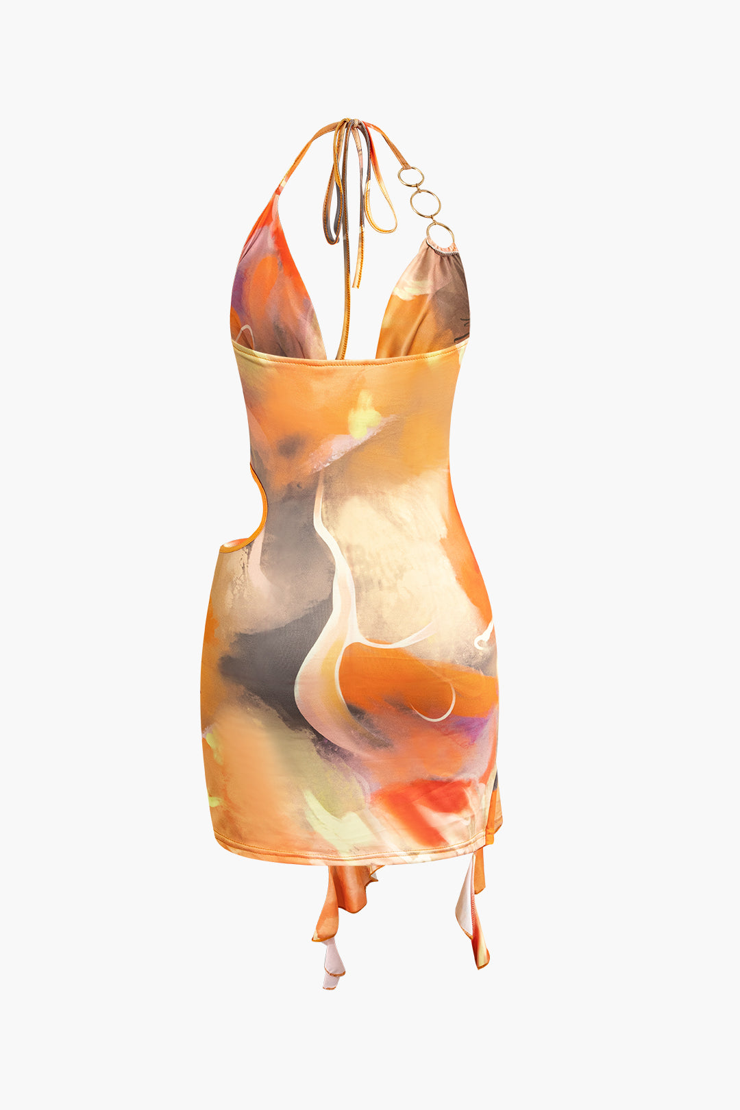 Abstract Print Halter Cowl Neck Slit Mini Dress
