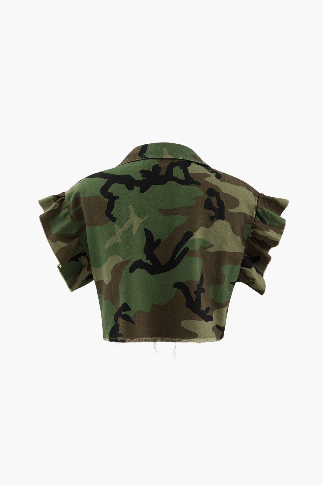 Camo Ruffle Sleeve Crop Frayed T-Shirt