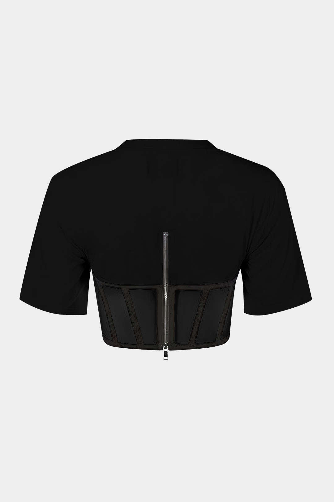 Zipper Short Sleeve Round Neck Corset Waist T-Shirt