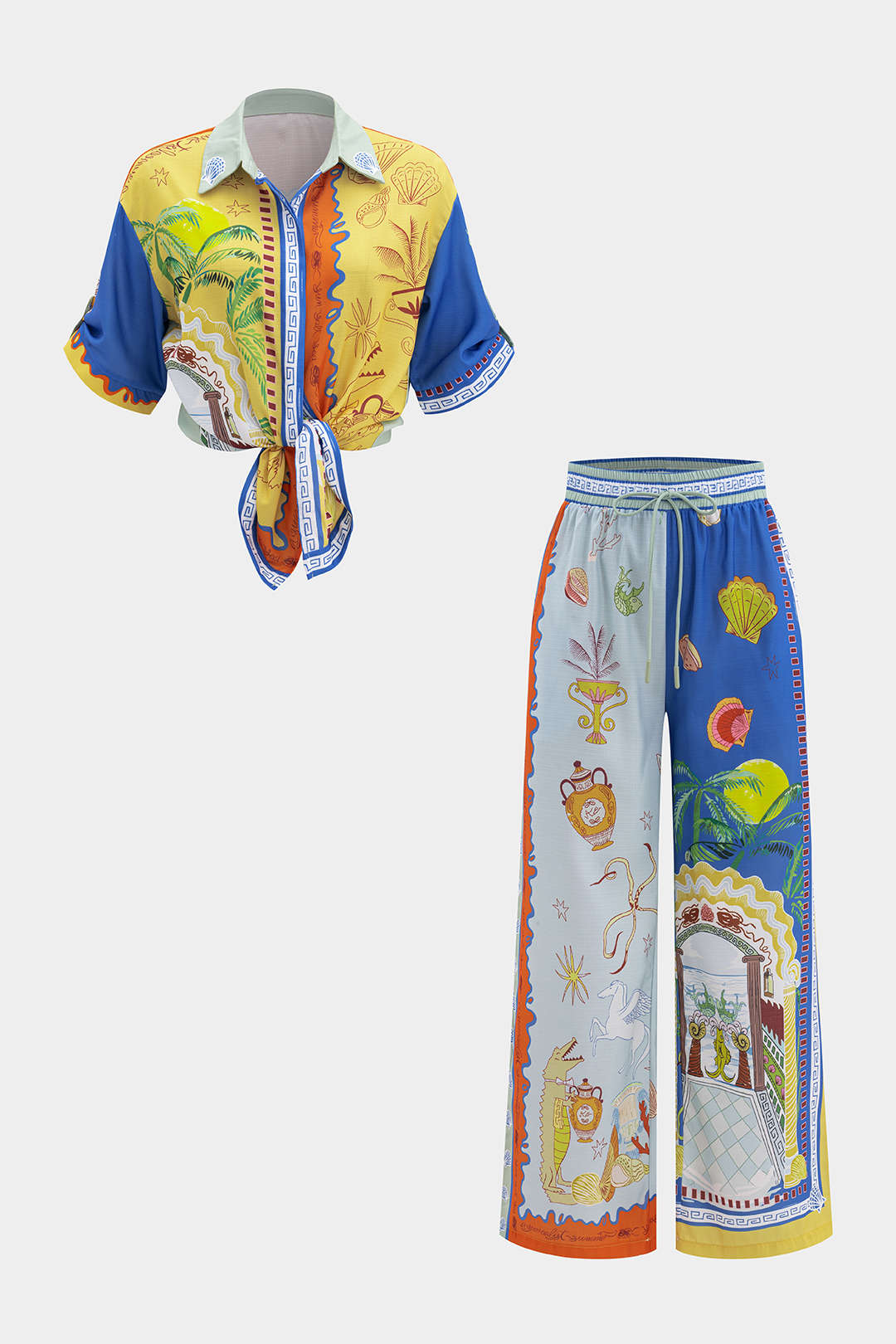 Abstract Print Tie-Up Short Sleeve Shirt And Pants Set