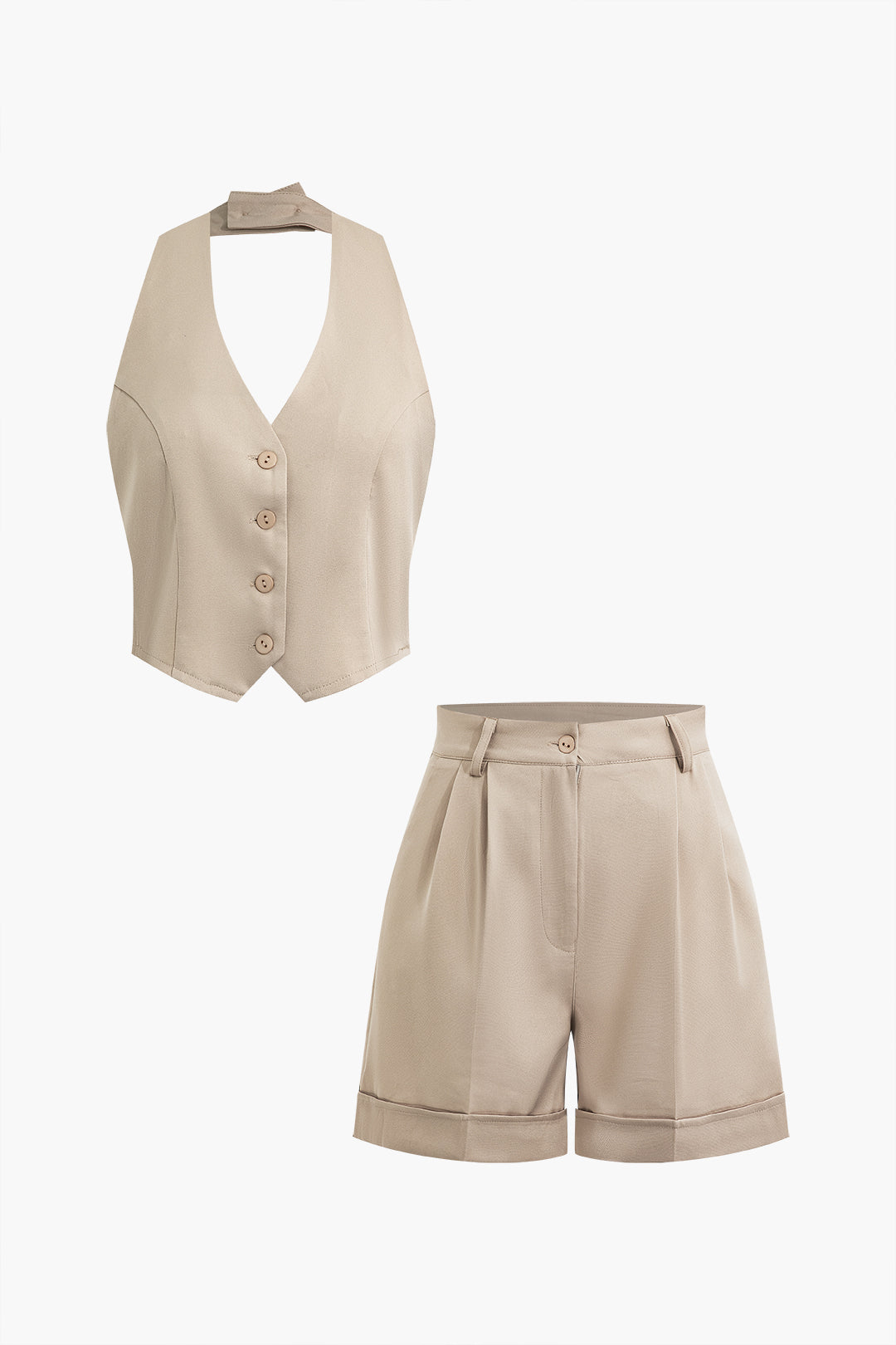 Button Up Halter Vest And Pleated Shorts Set