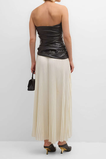 Faux Leather Chiffon Patchwork Pleated Strapless Midi Dress