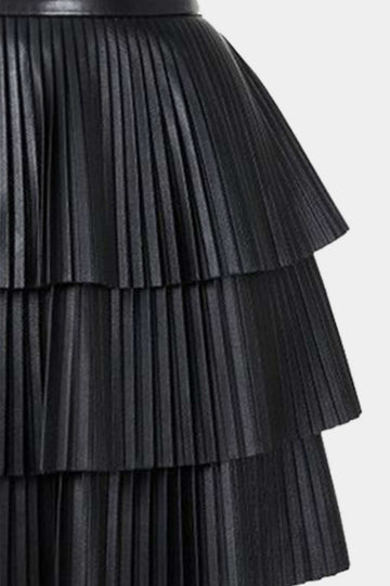 Faux Leather Pleated Layered Skirt