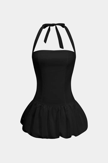 Solid Tie-Up Halter Neck Puff Mini Dress