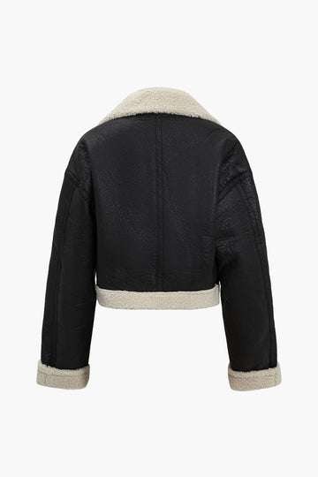 Basic Solid Faux Leather Fleece Jacket