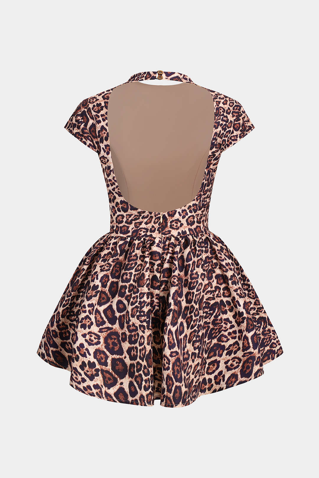 Leopard Print Backless Zipper Button Short Sleeve Mini Dress