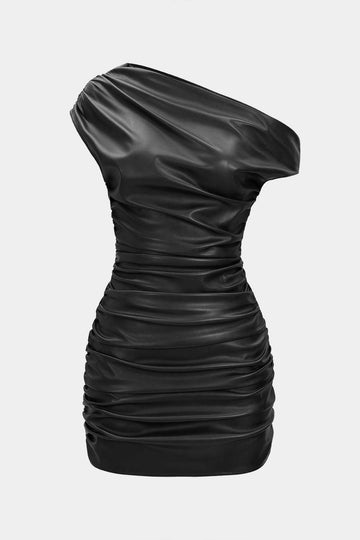 Faux Leather Ruched Boat Neck Asymmetrical Sleeveless Mini Dress