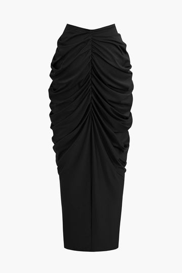 V-neck Ruched Top And V-shape Cut Waist Maxi Skirt Set