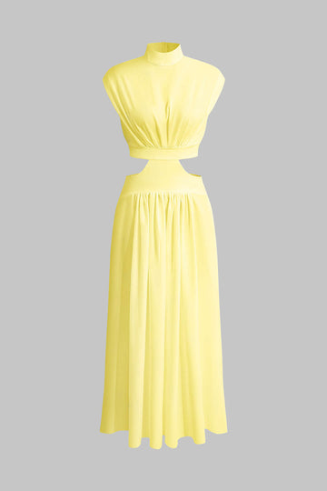 Mock Neck Cut Out Pleated Maxi Dress