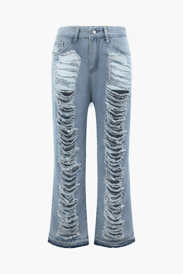 Frayed Ripped Low Rise Straight Leg Jeans
