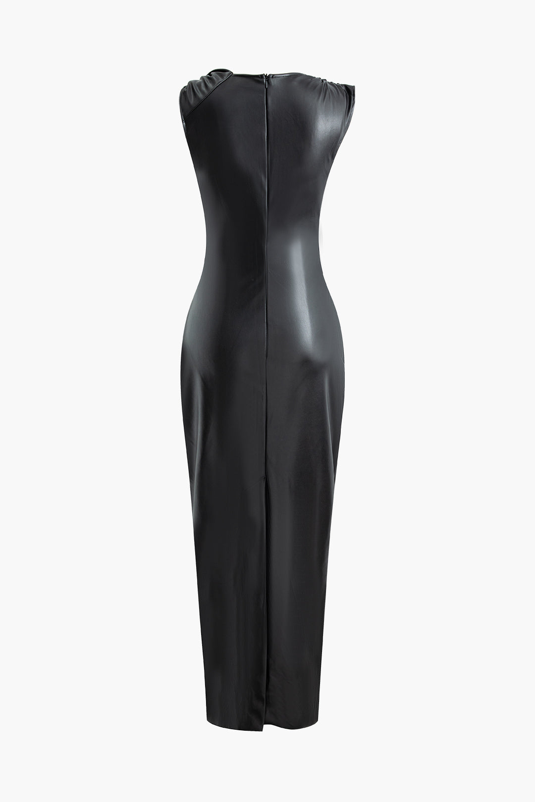 Asymmetrical Twist Ruched Faux Leather Sleeveless Slit Maxi Dress