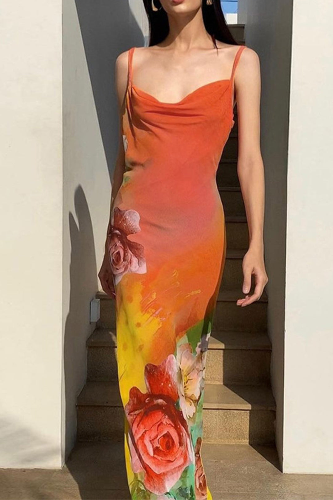 Floral Print Cowl Neck Slip Backless Maxi Dress