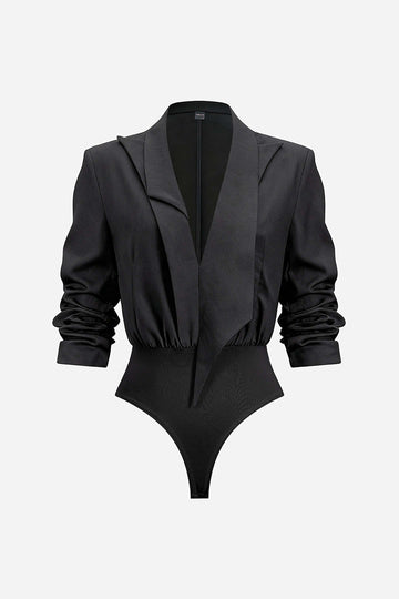 Notched Lapel Asymmetrical Long Sleeve Bodysuit