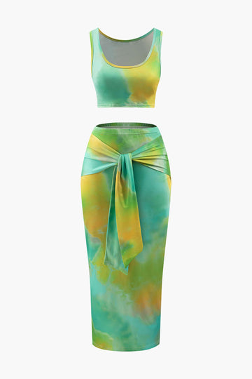 Tie Dye Square Neck Tank Top And Knot Front Skirt Set