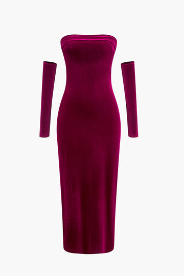 Velvet Strapless Maxi Dress With Gloves