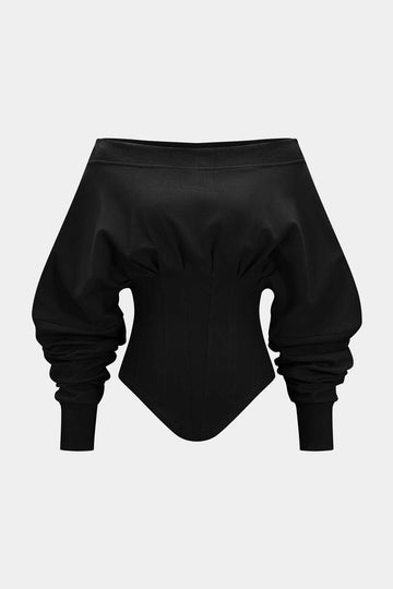 Off Shoulder Metallic Pleated Zipper Waist-Cinching Sweatshirt