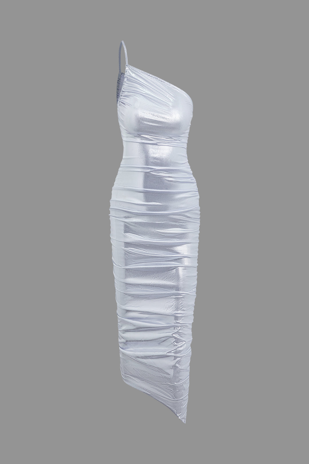 Metallic Asymmetrical Ruched One Shoulder Slip Midi Dress