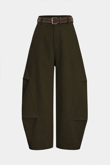 Corduroy Belted Ruched High Waist Wide Leg Pants