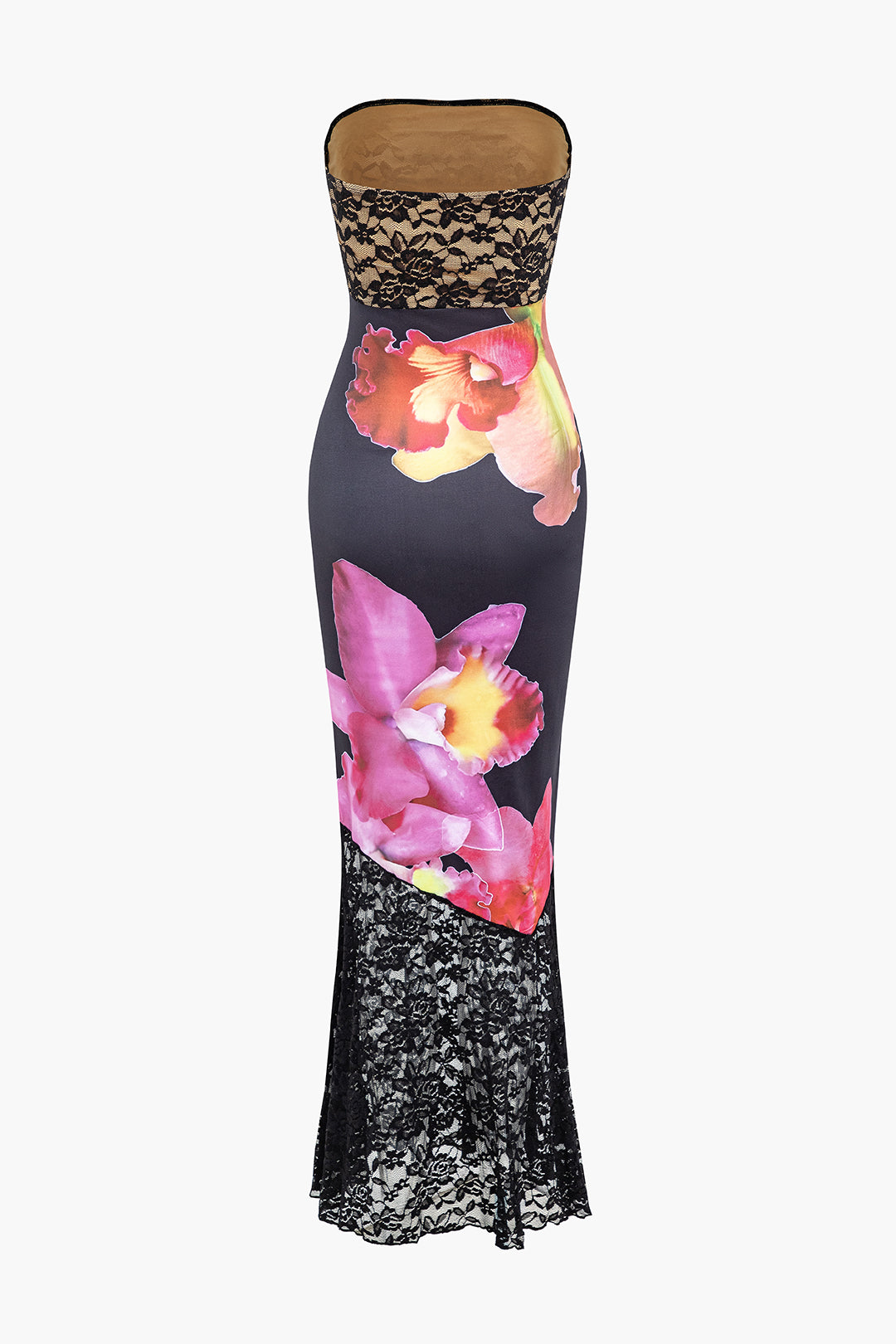 Floral Print Lace Patchwork Strapless Maxi Dress