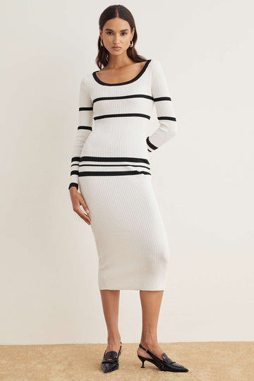 Knit Round Neck Contrast Long Sleeve Midi Dress