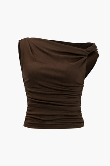 Ruched Knot One-Shoulder Sleeveless Top