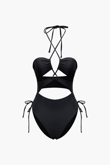Solid Halter Tie Cut Out One-piece Swimsuit