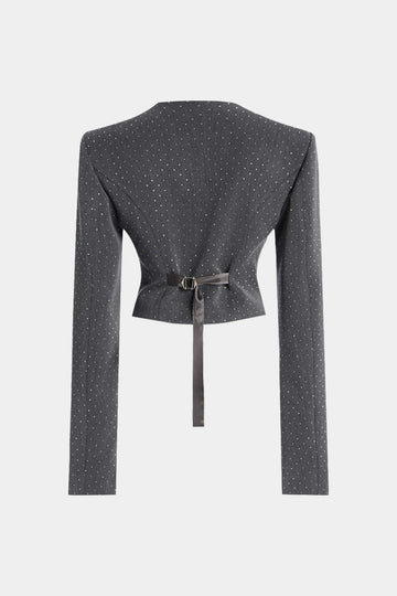 Diamond Print Zipper Belted Long-Sleeve Top