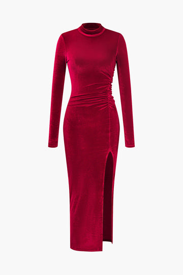 Velvet Slit Long Sleeve Midi Dress